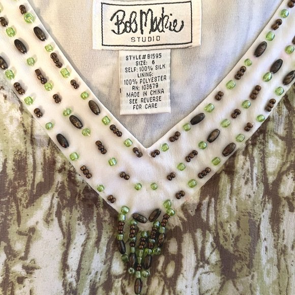Bob Mackie Studio Cream, Brown & Green Lined Sleeveless 100% Silk Top  Size 6 - Picture 7 of 9